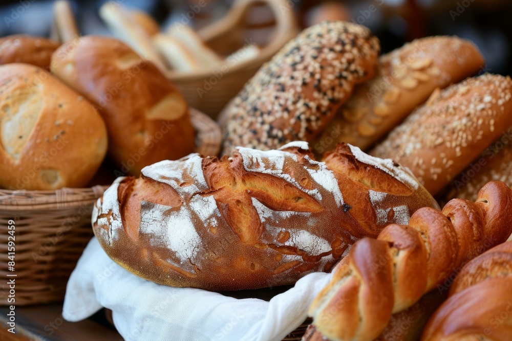 Aufkleber close-up of various freshly baked bread types displayed in a bakery setting