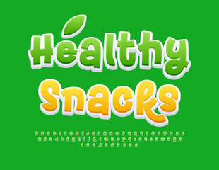 Vector ecologic concept Healthy Snacks. Creative Green Font. Funny Alphabet Letters and Numbers set.