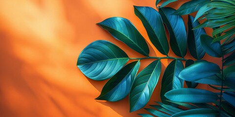 Fototapeta premium Tropical palm leaves on an orange background. Summer vacation and exotic nature concept. Design for spa poster, wallpaper, banner with copy space.