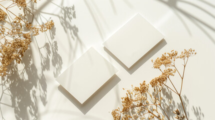 Close up of blank white business cards mock up, template for design copy space. With warm sunny light and shadows overlay.