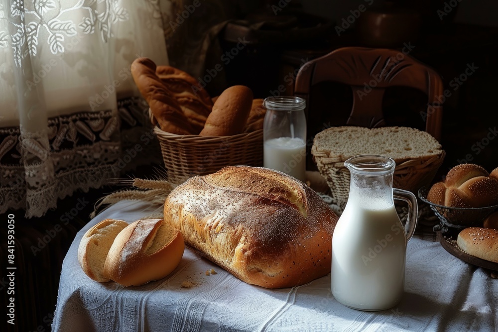 Poster warm, inviting scene of fresh bread and milk on a table with sunlight filtering through the window
