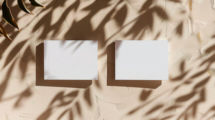 Close up of white business cards mock up, template for design copy space. With warm sunny light and shadows overlay.1