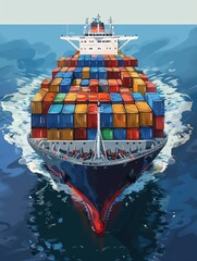 Fototapeta premium A large ship with many containers on it is sailing in the ocean. The ship is blue and red, and it is surrounded by water. Scene is calm and peaceful, as the ship is moving slowly through the water