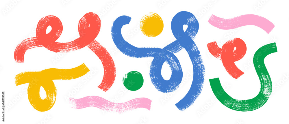 Poster colorful various doodle grunge geometric shapes, loops and circles collection. brush drawn creative 