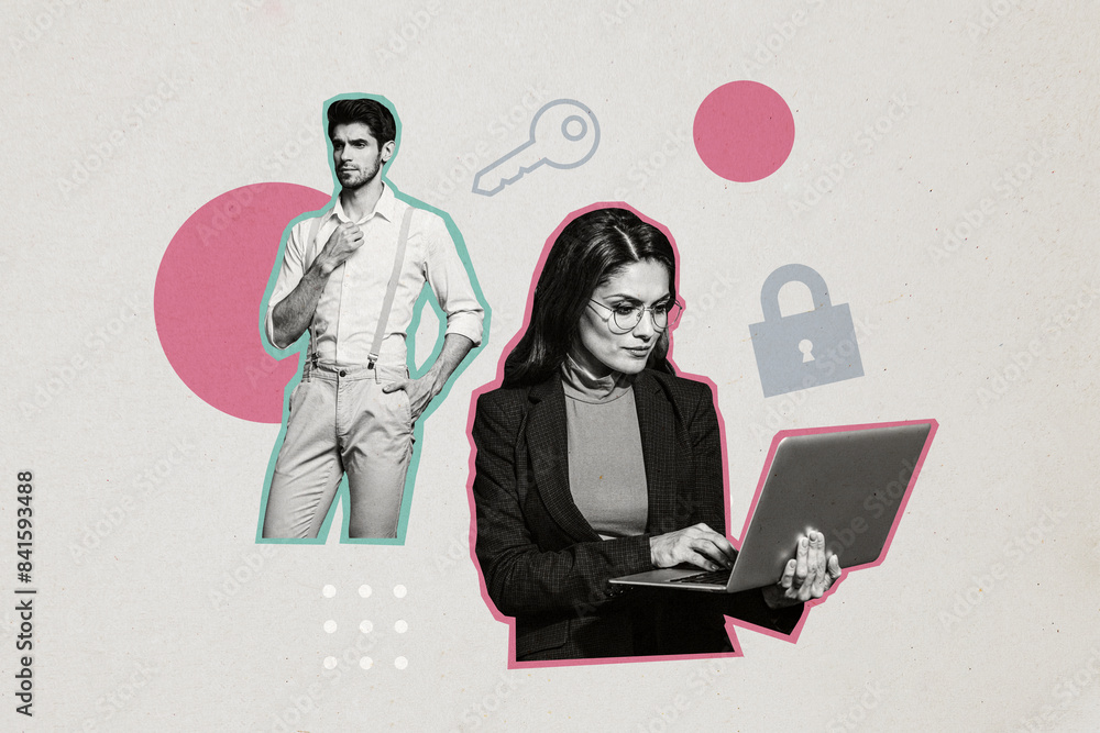 Poster composite photo collage of serious guy girl hold macbook device programmer company lock spyware key 