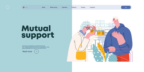 Mutual Support: Helping a visually impaired person -modern flat vector concept illustration of man offering to read label for woman in supermarket A metaphor of voluntary, collaborative exchanges