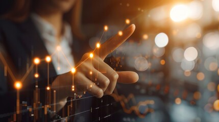 In a modern office, a businesswoman presents a digital graph interface, discussing data analytics, business growth, futuristic technology, and innovation against a bokeh background