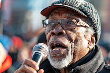 Activist over 50 addressing crowd during social justice rally