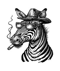 Obraz premium zebra, wears retro hat sunglasses and smoking cigarette engraving black and white outline