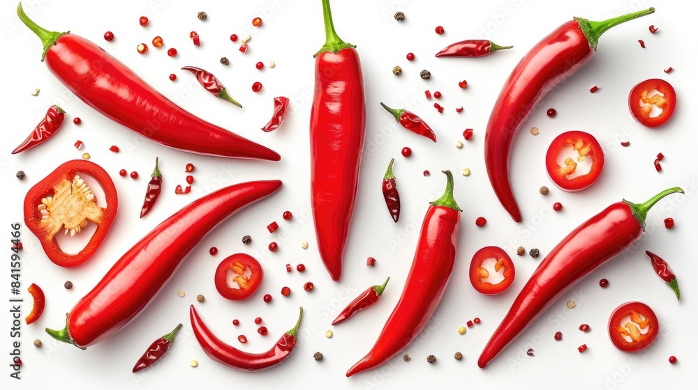 Poster red chili peppers and slices seen from above on a white background with clipping path