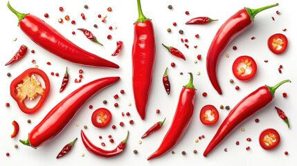 Red chili peppers and slices seen from above on a white background with clipping path