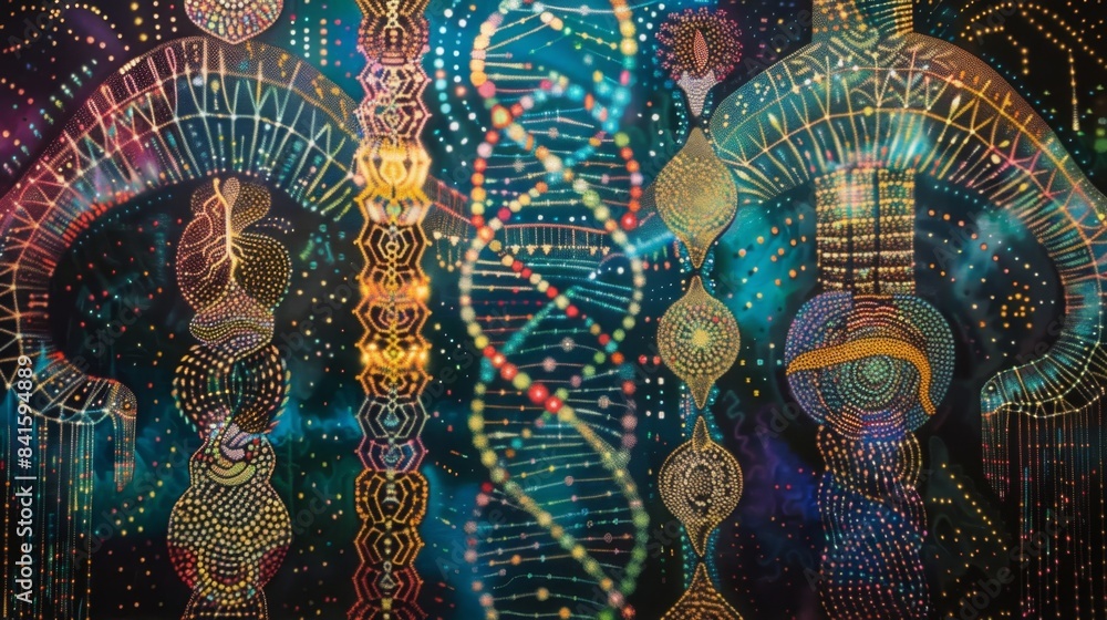 Poster a tapestry of intricate patterns and symbols reflecting the genetic diversity found within human pop