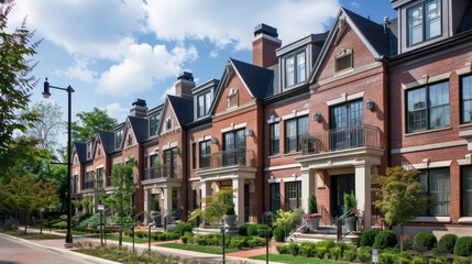 Fototapeta premium Illustrate a row of traditional townhouses with brick exteriors and decorative balconies, showcasing classic residential architecture.
