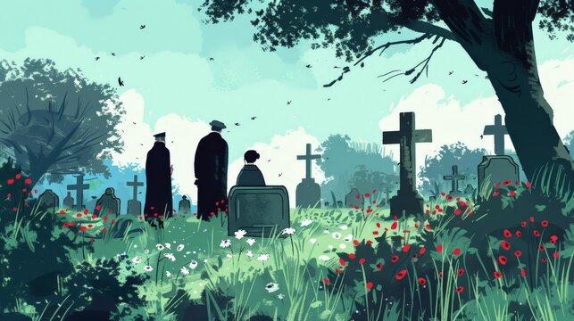 Illustrate a scene of people visiting the graves of loved ones to offer prayers and remember, signifying respect and remembrance.