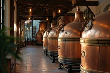 Warmly lit interior of a brewery with shiny copper brewing kettles aligned in a row