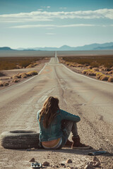 Young woman alone on desert highway, struggling to change flat tire