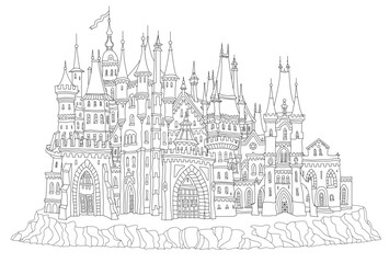 Fairy tale castle on a hill. Coloring book page 