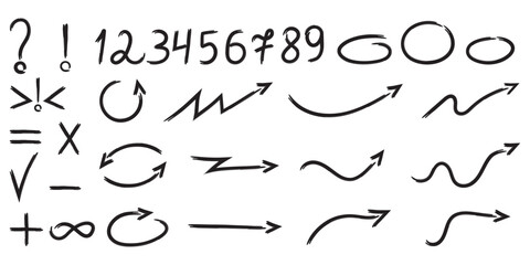 Abstract hand-drawn arrows and symbols on a white isolated background. Hand-drawn doodle collection of curved lines, question marks, plus signs, and infinity symbols. 
