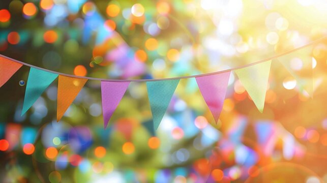 blurred colorful triangular flags backgrounds for summer outdoor event party, vintage tone, celebration background, happy summer time, copy space