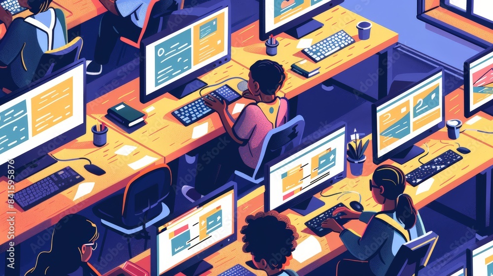 Poster illustrate a virtual classroom setup with students and a teacher interacting through their screens, 