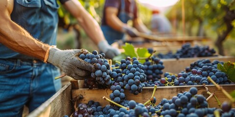 Workers harvesting grapes in a vineyard at sunset, highlighting the beauty and labor of grape cultivation.

