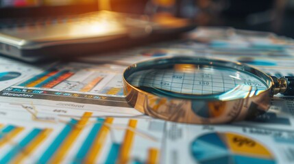 Magnifying glass on table full of business graphs, charts documents. Concept of Financial development, Business, Banking Account, Statistics, Searching, looking for, Data, Tax Day.