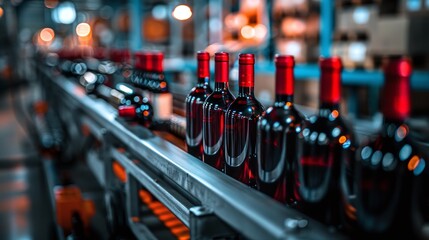 Red wine bottle filling line, red wine bottles on the conveyor belts, wine factory, food industry.