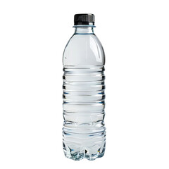 Naklejka premium A clear plastic water bottle with a black cap, isolated on a white background, perfect for hydration or beverage-related concepts.