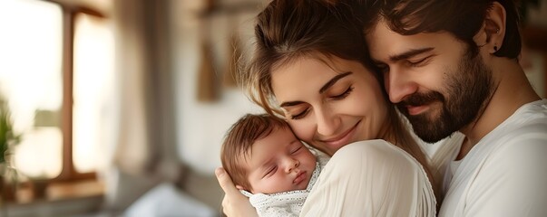 Obraz premium Loving Embrace of a Young Family Welcoming Their Newborn Baby with Tenderness and Joy