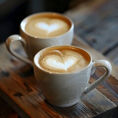 Obraz premium Cozy Heart Shaped Cappuccino Cups on Rustic Wooden Table Inviting Love and Romance Concept