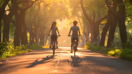 Carefree Couple Cycling Down a Serene Tree Lined Path in Nature