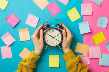 Hand showing vintage clock with sticky note, woman celebrating break time