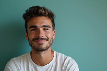 A close up portrait of a young man with a subtle smile