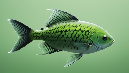 Detailed illustration of a green fish with a light green background. The scales and fins are intricately designed, showcasing artistic precision and marine life beauty.