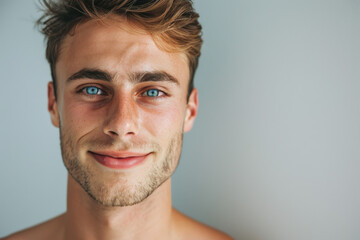 A close up portrait of a young man with a subtle smile