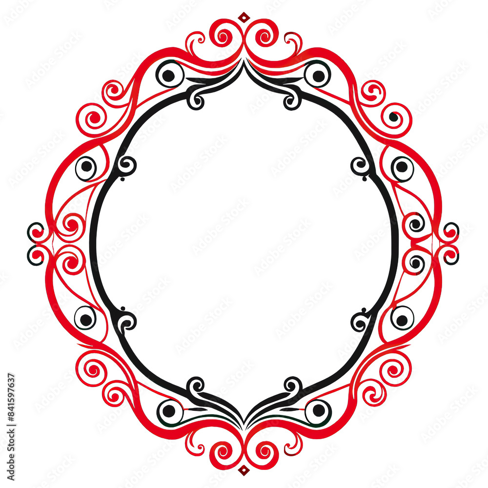 Aufkleber an elegant, circular frame design with red and black floral elements. isolated on a white background