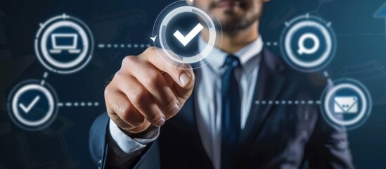 In a futuristic virtual setting, a businessman navigates a digital interface, selecting a checkmark to represent success, approval, and innovation, highlighting the usage of modern technology