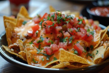 Colorful Freshly Made Nachos with Tomatoes, Cheese, and Green Onions in a Rustic Bowl