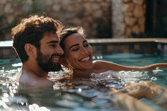 Smiling couple relaxing together in jacuzzi pool at spa