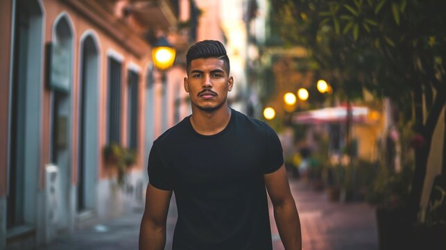 young handsome latino brutal man in black t-shirt walking on evening street looking at camera --ar 16:9 Job ID: daa887d3-fb2e-49ac-aaa1-ca73bea2e6da