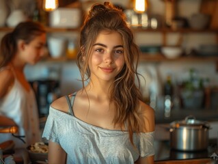 Young Woman Unpacking and Organizing Kitchen Utensils in New Apartment - Realistic Digital Illustration