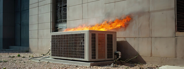 External unit of an Air conditioner or AC on fire attached to a building in extreme summer and heat wave, building fire short circuit concept
