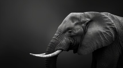 Close-up of an elephant in black and white. The elephant is facing slightly to the left with its trunk curled and tusks prominently displayed
