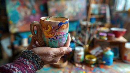 The close up picture of the artist is holding the cup of the coffee that has been decorated with colourful colour inside the colourful studio that surround by the art tools in blur background. AIG43.
