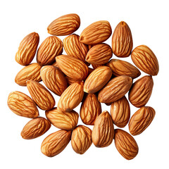 Top view of a pile of raw almonds isolated on a white background, showcasing fresh and healthy nuts ready for a natural snack.