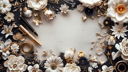 Golden frame of flowers, stocky leaves on light pastel grey background, autumn, autumn concept, top view, copy space.