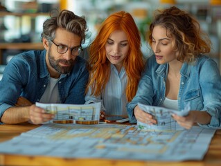 Fototapeta premium Young Couple Examining House Floor Plan with Real Estate Agent in Bright Office Space