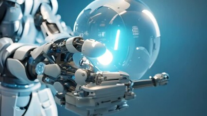 Lifelike robot hands gripping a luminous sphere while numbers hover around them - Powered by Adobe