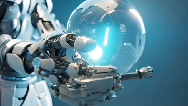 Lifelike robot hands gripping a luminous sphere while numbers hover around them