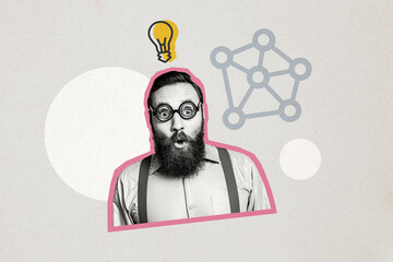 Composite photo collage of astonished bearded guy businessman find idea solution project light bulb...
